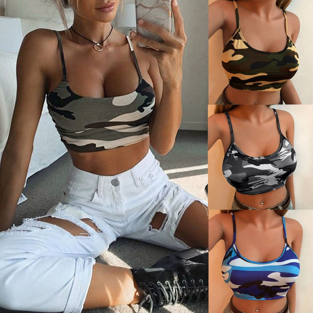 New Camouflage Crop Top Women Sexy Bustier Tops Blackless Padded Cropped Casual Satin Black Croptops Clothes 2023 Summer Vests